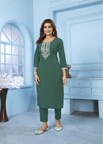 Thumbnail for Jyoti Fashion Women's Bottle Green Rinkal Cotton Embroidered Designer Kurta with Bottom - Distacart