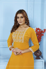 Thumbnail for Jyoti Fashion Women's Yellow Rinkal Cotton Embroidered Designer Kurta with Bottom - Distacart