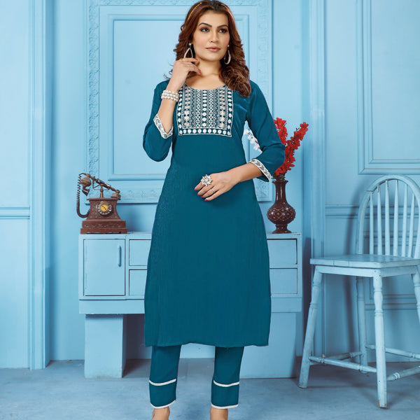 Jyoti Fashion Women's Teal Rinkal Cotton Embroidered Designer Kurta with Bottom - Distacart