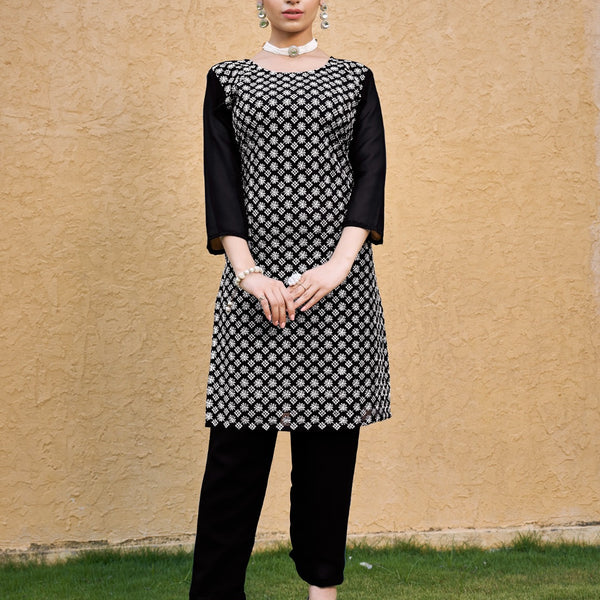 Jyoti Fashion Women's Black Faux Georgette Chikan Embroidery Designer Kurta with Bottom - Distacart