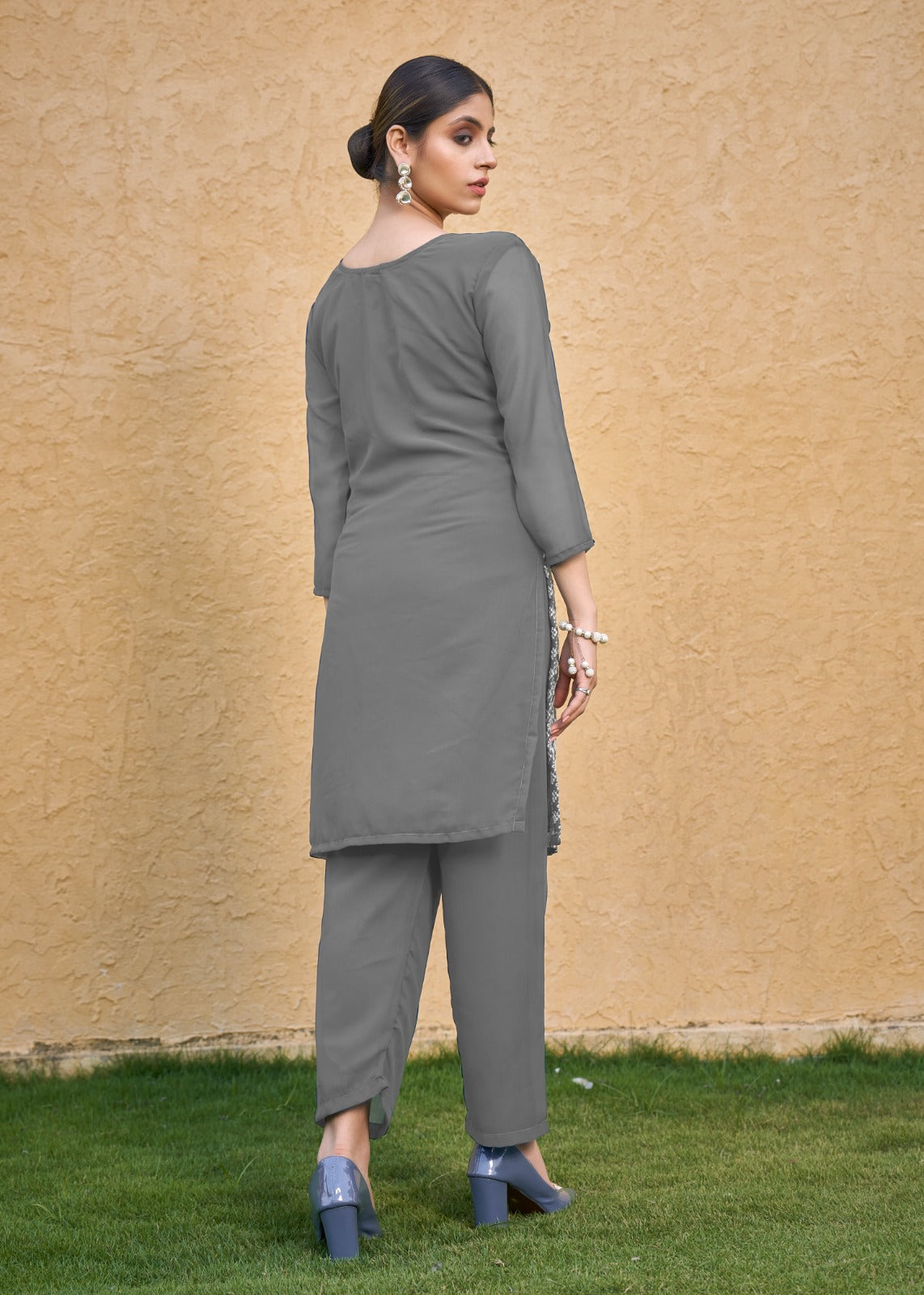 Jyoti Fashion Women's Grey Faux Georgette Chikan Embroidery Designer Kurta with Bottom - Distacart