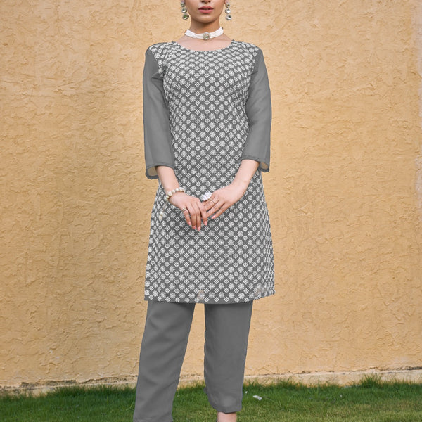 Jyoti Fashion Women's Grey Faux Georgette Chikan Embroidery Designer Kurta with Bottom - Distacart