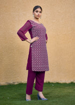 Thumbnail for Jyoti Fashion Women's Wine Faux Georgette Chikan Embroidery Designer Kurta with Bottom - Distacart