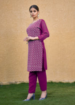 Thumbnail for Jyoti Fashion Women's Wine Faux Georgette Chikan Embroidery Designer Kurta with Bottom - Distacart