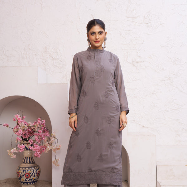 Jyoti Fashion Women's Grey Faux Georgette Embroidered Designer Kurta with Bottom - Distacart