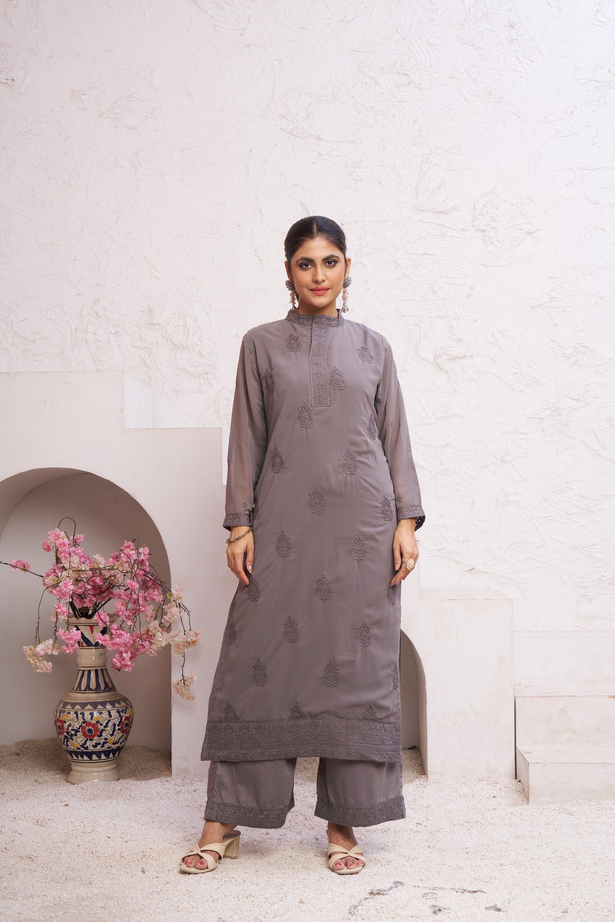 Jyoti Fashion Women's Grey Faux Georgette Embroidered Designer Kurta with Bottom