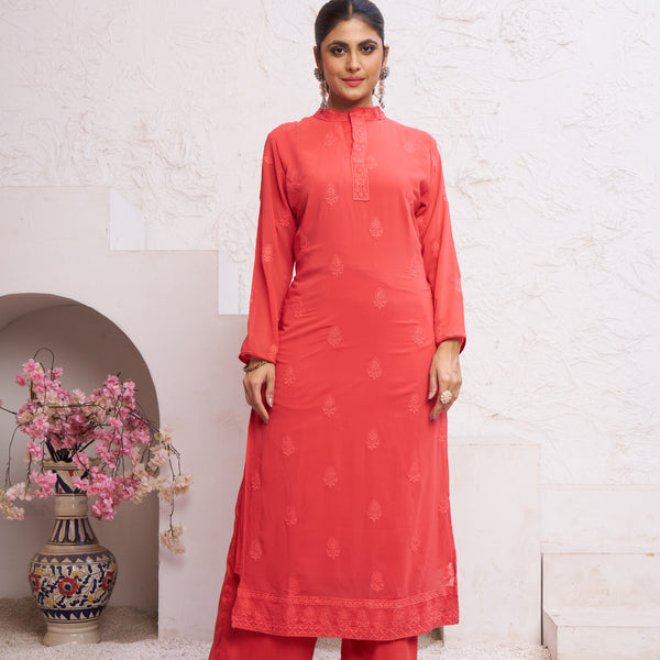 Jyoti Fashion Women's Orange Faux Georgette Embroidered Designer Kurta with Bottom - Distacart