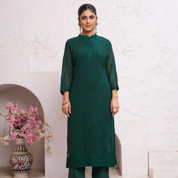 Jyoti Fashion Women's Bottle Green Faux Georgette Embroidered Designer Kurta with Bottom - Distacart