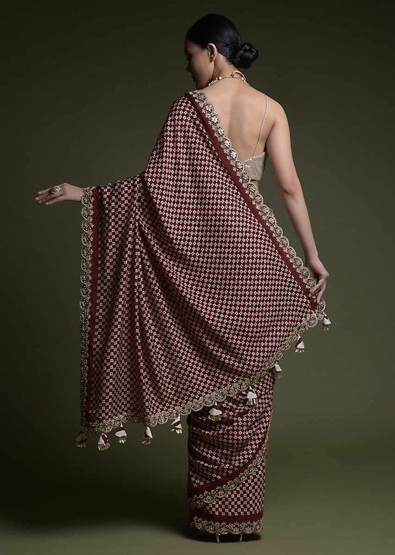 Jyoti Fashion Women's Wine Coding Sequence Chinon Saree with Blouse - Distacart