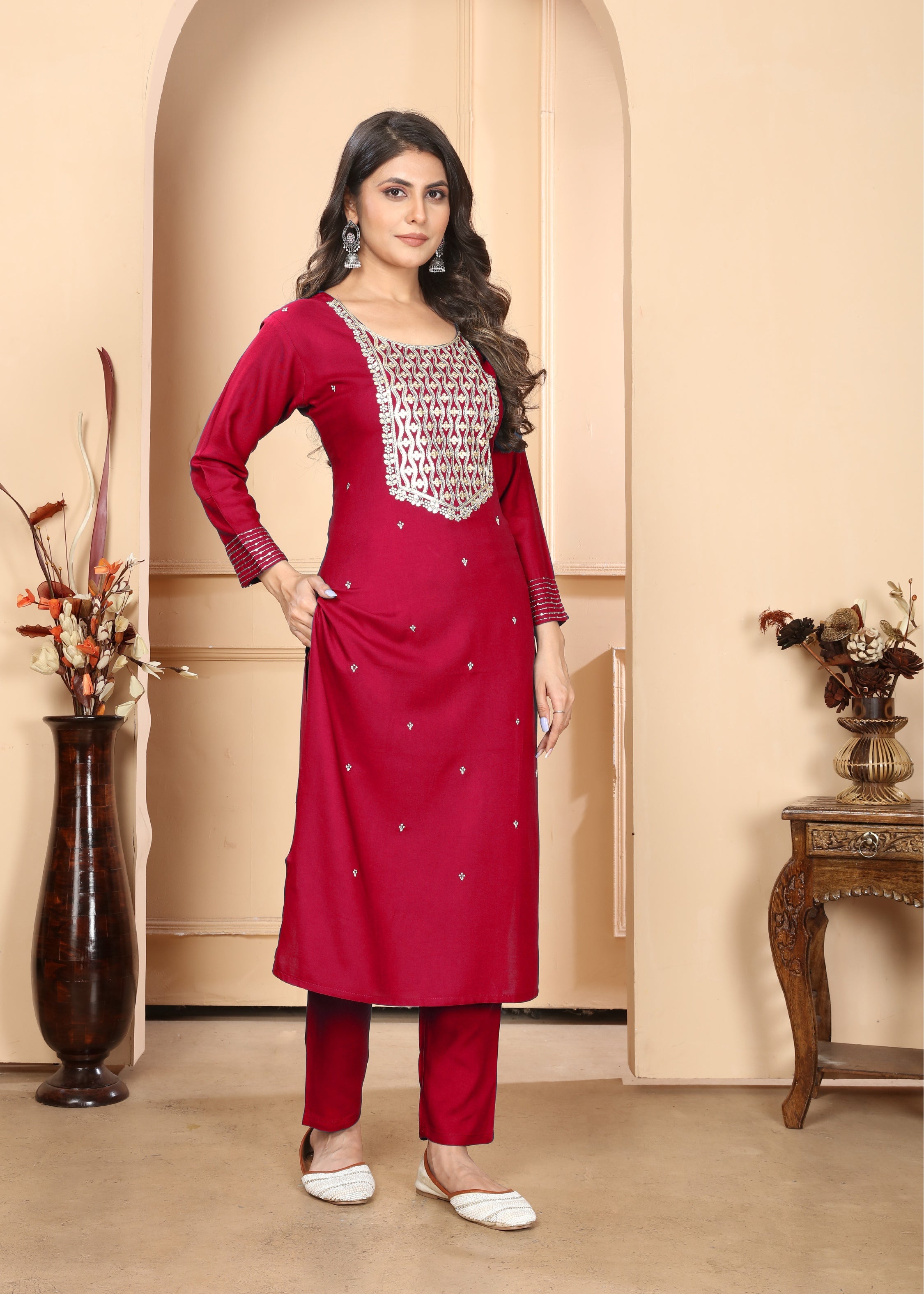 Jyoti Fashion Women's Rani Pink Rayon Sequins Embroidered Designer Kurta Set with Dupatta - Distacart
