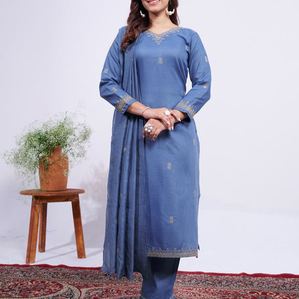 Jyoti Fashion Women's Denim Blue Rayon Embroidered Designer Kurta Set with Dupatta - Distacart