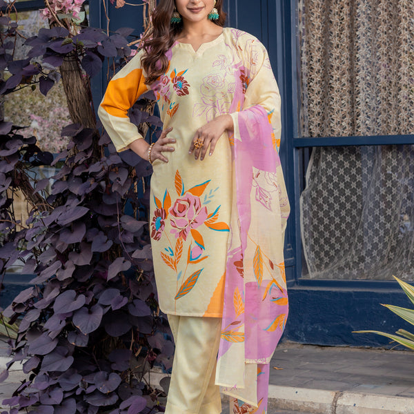 Jyoti Fashion Women's Cream Cotton Blend Printed Designer Kurta Set with Dupatta - Distacart