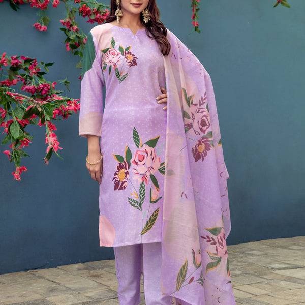 Jyoti Fashion Women's Lavender Cotton Blend Printed Designer Kurta Set with Dupatta - Distacart