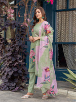 Thumbnail for Jyoti Fashion Women's Mehendi Cotton Blend Printed Designer Kurta Set with Dupatta - Distacart
