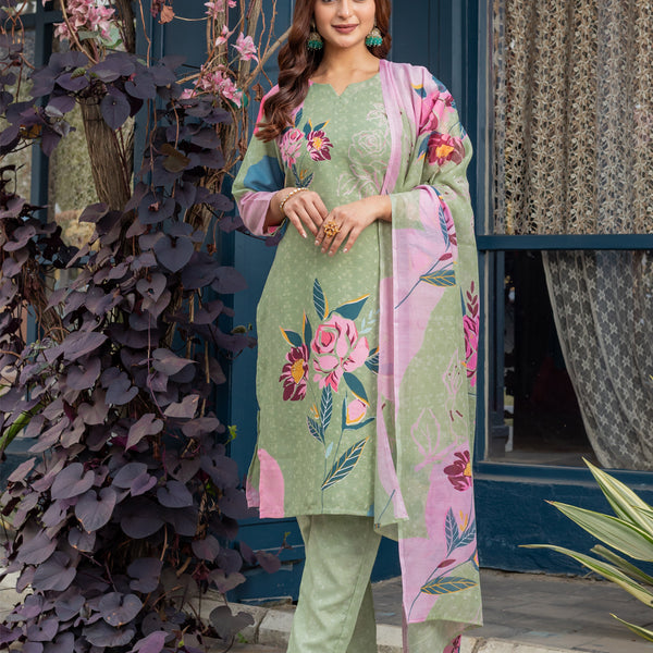Jyoti Fashion Women's Mehendi Cotton Blend Printed Designer Kurta Set with Dupatta - Distacart