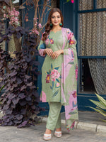 Thumbnail for Jyoti Fashion Women's Mehendi Cotton Blend Printed Designer Kurta Set with Dupatta - Distacart