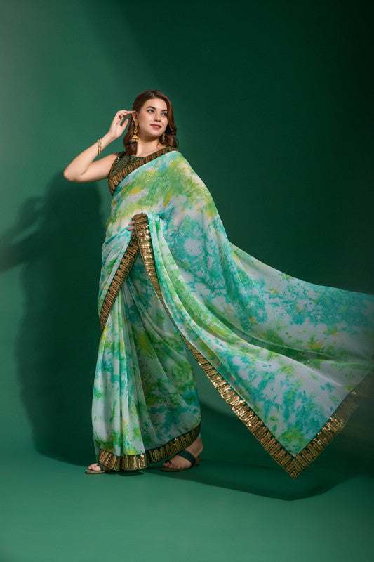 Jyoti Fashion Women's Sea Green Sequence Embroidery Chiffon Saree with Blouse - Distacart