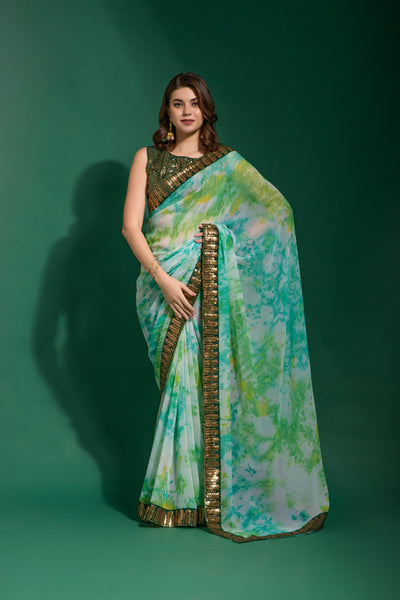 Jyoti Fashion Women's Sea Green Sequence Embroidery Chiffon Saree with Blouse - Distacart