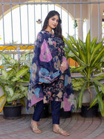 Thumbnail for Jyoti Fashion Women's Navy Blue Cotton Blend Printed Designer Kurta Set with Dupatta - Distacart
