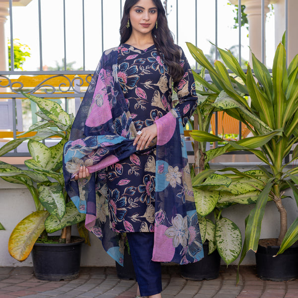 Jyoti Fashion Women's Navy Blue Cotton Blend Printed Designer Kurta Set with Dupatta - Distacart