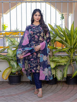 Thumbnail for Jyoti Fashion Women's Navy Blue Cotton Blend Printed Designer Kurta Set with Dupatta - Distacart