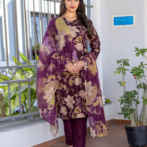 Jyoti Fashion Women's Purple Cotton Blend Printed Designer Kurta Set with Dupatta - Distacart