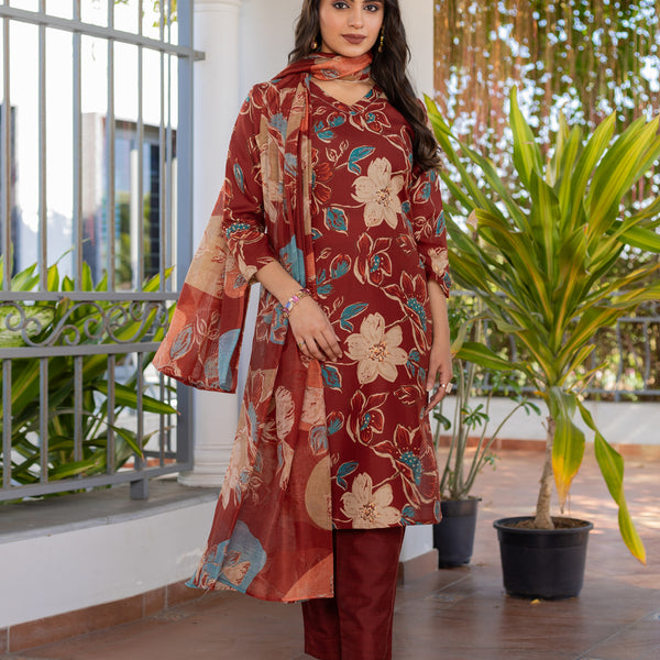 Jyoti Fashion Women's Rust Cotton Blend Printed Designer Kurta Set with Dupatta - Distacart