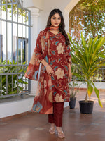 Thumbnail for Jyoti Fashion Women's Rust Cotton Blend Printed Designer Kurta Set with Dupatta - Distacart