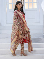 Thumbnail for Jyoti Fashion Women's Red Rayon Print with Thread Designer Kurta Set with Dupatta - Distacart