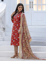 Thumbnail for Jyoti Fashion Women's Red Rayon Print with Thread Designer Kurta Set with Dupatta - Distacart