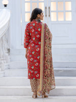 Thumbnail for Jyoti Fashion Women's Red Rayon Print with Thread Designer Kurta Set with Dupatta - Distacart