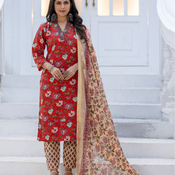 Jyoti Fashion Women's Red Rayon Print with Thread Designer Kurta Set with Dupatta - Distacart