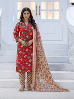 Thumbnail for Jyoti Fashion Women's Red Rayon Print with Thread Designer Kurta Set with Dupatta - Distacart