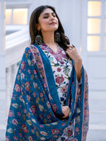 Thumbnail for Jyoti Fashion Women's White Rayon Print with Thread Designer Kurta Set with Dupatta - Distacart