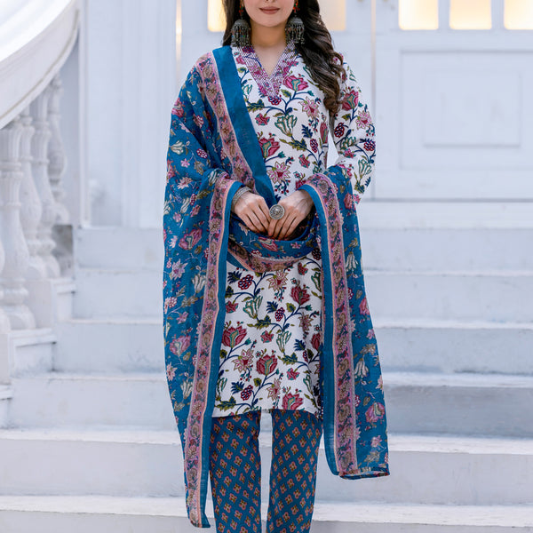 Jyoti Fashion Women's White Rayon Print with Thread Designer Kurta Set with Dupatta - Distacart