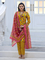 Thumbnail for Jyoti Fashion Women's Yellow Rayon Print with Thread Designer Kurta Set with Dupatta - Distacart