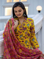 Thumbnail for Jyoti Fashion Women's Yellow Rayon Print with Thread Designer Kurta Set with Dupatta - Distacart
