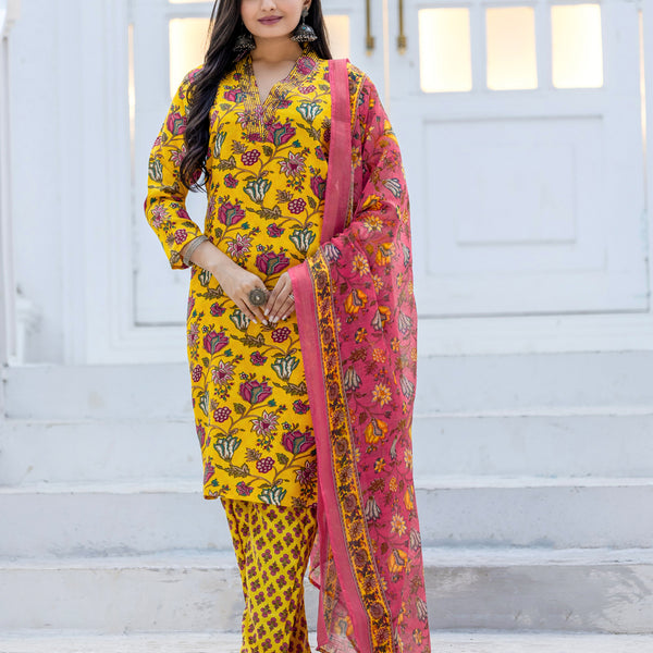 Jyoti Fashion Women's Yellow Rayon Print with Thread Designer Kurta Set with Dupatta - Distacart