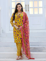 Thumbnail for Jyoti Fashion Women's Yellow Rayon Print with Thread Designer Kurta Set with Dupatta - Distacart