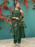 Thumbnail for Jyoti Fashion Women's Bottle Green Silk Handwork Designer Kurta Set with Dupatta - Distacart