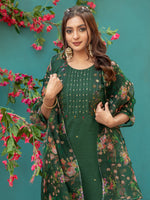 Thumbnail for Jyoti Fashion Women's Bottle Green Silk Handwork Designer Kurta Set with Dupatta - Distacart