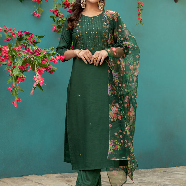 Jyoti Fashion Women's Bottle Green Silk Handwork Designer Kurta Set with Dupatta - Distacart