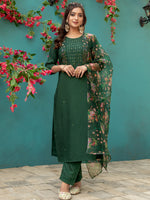 Thumbnail for Jyoti Fashion Women's Bottle Green Silk Handwork Designer Kurta Set with Dupatta - Distacart
