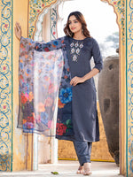 Thumbnail for Jyoti Fashion Women's Gray Silk Handwork Designer Kurta Set with Dupatta - Distacart