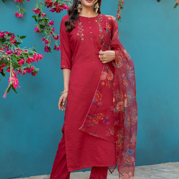 Jyoti Fashion Women's Maroon Silk Handwork Designer Kurta Set with Dupatta - Distacart