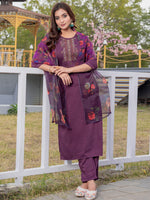 Thumbnail for Jyoti Fashion Women's Purple Silk Handwork Designer Kurta Set with Dupatta - Distacart