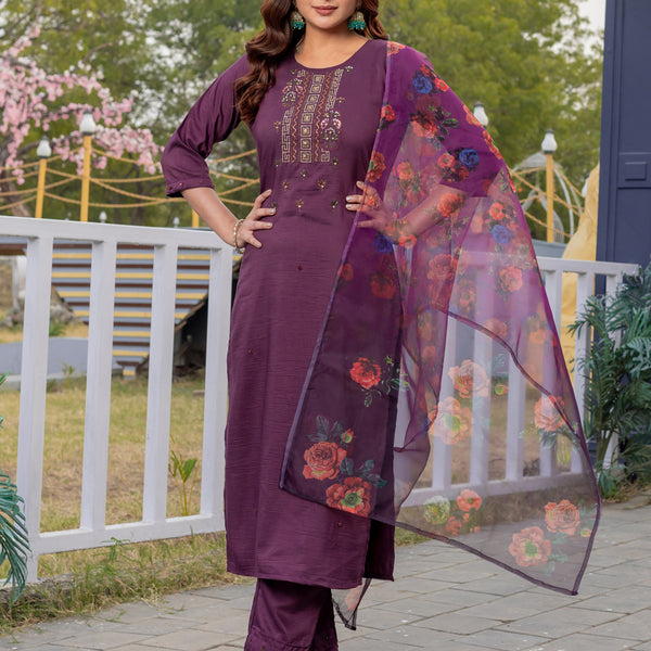 Jyoti Fashion Women's Purple Silk Handwork Designer Kurta Set with Dupatta - Distacart