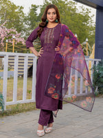Thumbnail for Jyoti Fashion Women's Purple Silk Handwork Designer Kurta Set with Dupatta - Distacart