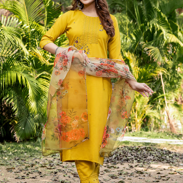 Jyoti Fashion Women's Yellow Silk Handwork Designer Kurta Set with Dupatta - Distacart