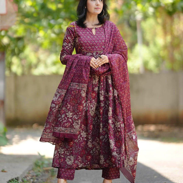 Jyoti Fashion Women's Maroon Rayon Printed Designer Kurta Set with Dupatta - Distacart